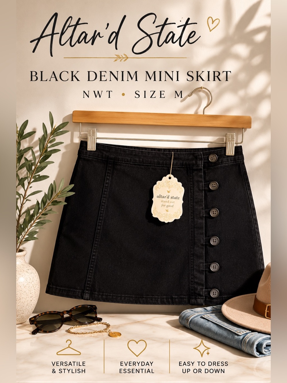 Altar’d State Black Button Front Denim Mini Skirt NWT Size Medium - Picture 1 of 4